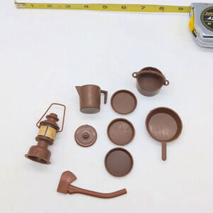 1970s Big Jim Mattel Camping Cookware, Ax , and Lantern lot brown